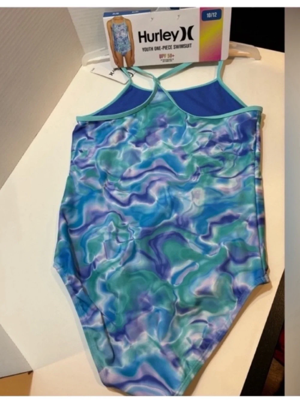 Hurley NEW One Piece Swimsuit Purple Blue Green Girls 10/12 Silver Heart Beach